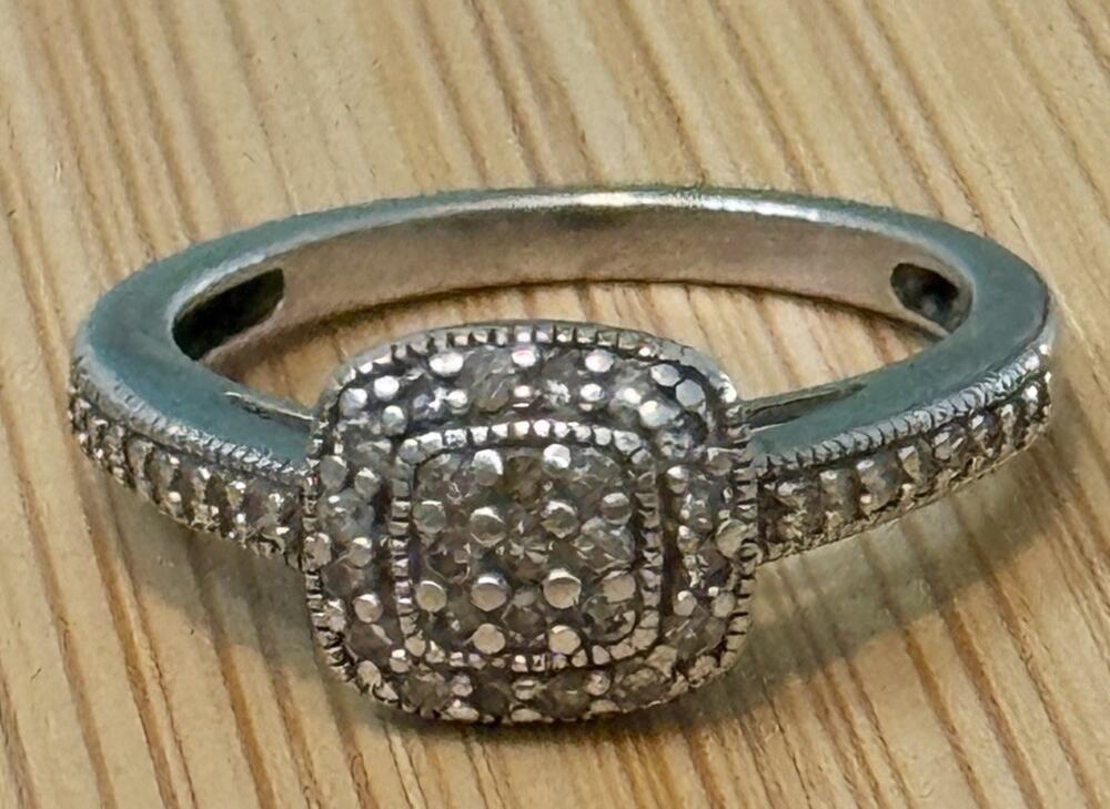 Vintage Pave Diamond Cushion Halo Sterling Silver Ring Size 7